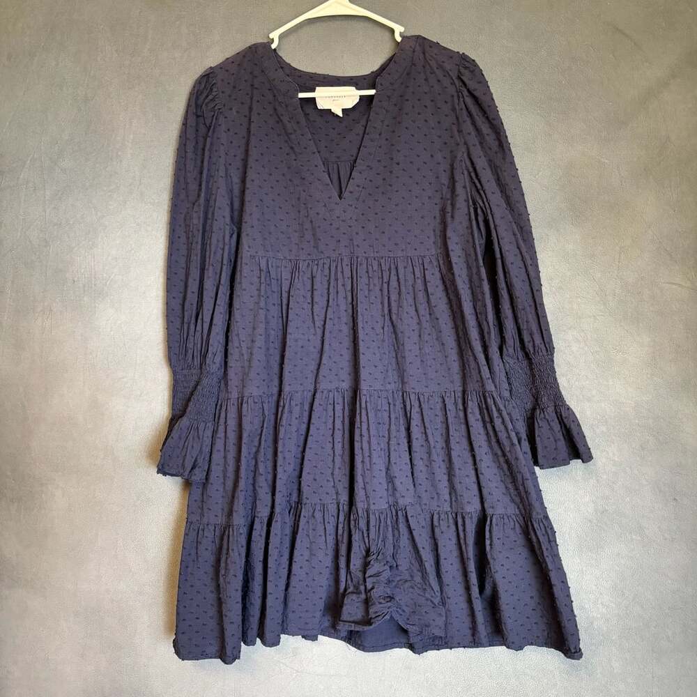 Pomander Place Kenzo Dress Size XL Navy Swiss Dot Babydoll Long Sleeve Midi